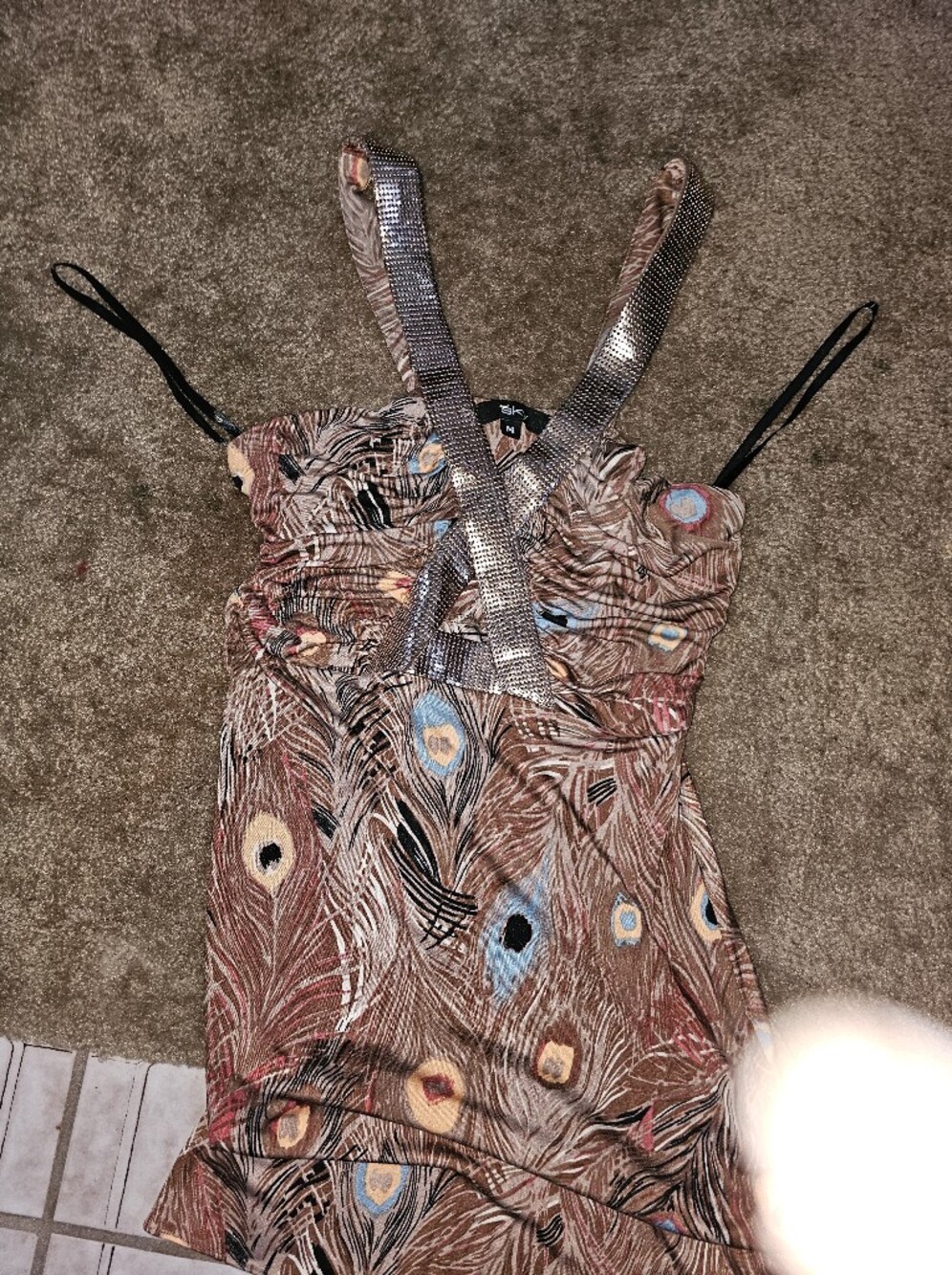 Sky Top Peacock Feather Print Strappy Women’s Dress - Brown